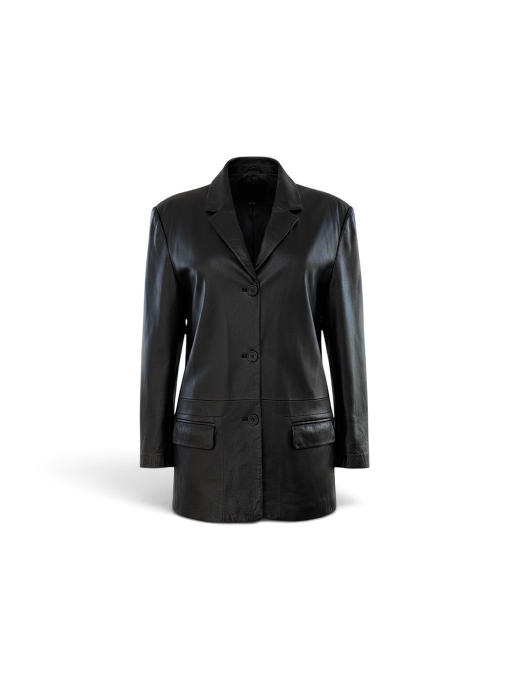 Women's Black Leather Three-Button Blazer Jacket